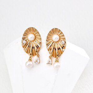 ✨ Art Deco Fan Pearl & Crystal Drop Earrings ✨ Handmade Original Design